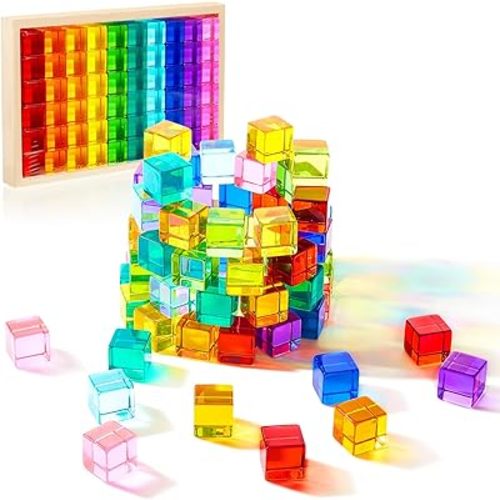 Meooeck 60 Pcs Acrylic Gem Cubes Blocks Translucent Rainbow Building Cubes Crystal Acrylic Cubes Educational Sensory Training Toys with Wooden Storage Boxes Christmas Party Gift