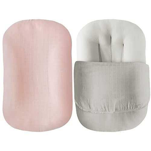 Muslin Baby Lounger Cover 2 Pack Infant Padded Loungers Cover, Newborn Organic Cotton & Bamboo Removable Slipcover Babynest Cover for Boys & Girls (Grey & Pink)