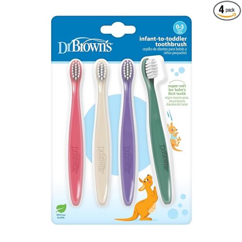 Dr. Brown's Infant-to-Toddler Toothbrush Set, Soft & Gentle Manual Toothbrushes for Baby, Pink/Ecru/Purple/Dark Green, BPA Free, 0-3 Years – 4-Pack