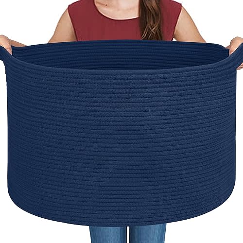 Dark Blue Basket for Organizing, 22" x 14" Extra Large Woven Cotton Rope Laundry Basket, Blanket Storage for Living Room Bedroom, Big Nursery Kids Toy Box Organizer, Pool Towel Storage Bin