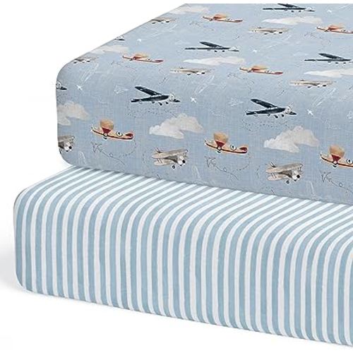 2-Pack Crib Sheets for Standard Crib Mattress (Watercolor Airplanes and Clouds) - Premium Fitted Sheets - Buttery Soft Cotton Blend