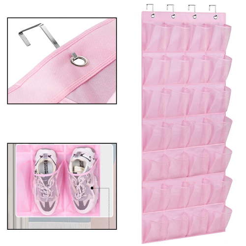 28 Large Mesh Pockets Kids Shoe Organizer Hanging Baby Over The Door Shoe Rack For Closet Shoe Holder Hanger for Toddler Girl, Pink