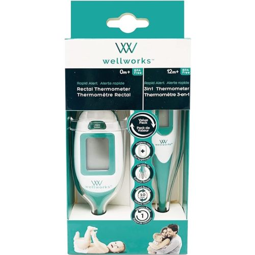 Wellworks Lot économique de thermomètres numériques rectaux à alerte rapide et thermomètre numérique 3 en 1 pour bébé – Haute précision, lecture rapide, avec rappel de mémoire et pointe flexible