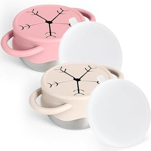 Mity rain 2-Pack Stainless Steel Snack Containers for Kids with Spill-Proof Silicone Lids & Handles - 3-in-1 Baby Snack Cups, Reusable No-Spill Toddler Snack Box, Perfect for On-The-Go Healthy Eating