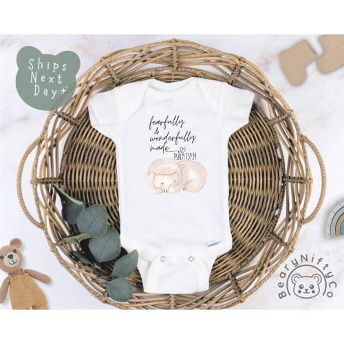 Christian Baby Onesies® Brand, Fearfully And Wonderfully Made Baby Clothes, Biblical Words for Baptism, Sheep Baby Bodysuit for Newborns