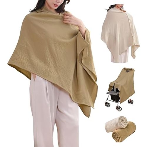 2-Pack Nursing Covers for Breastfeeding, 100% Organic Cotton Muslin Breastfeeding Cover, Multi-Use Nursing Scarf, Car Seat Canopy, Stroller Cover, Soft Breathable Baby Blanket Khaki Brown
