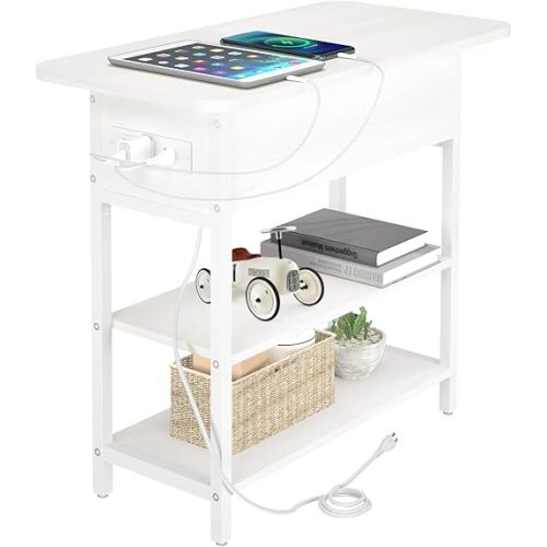 Yoobure End Table with Charging Station, Flip Top Side Table with USB Ports and Outlets, Sofa Couch Table Bedside Table for Living Room Bedroom, Narrow Nightstand with Storage Shelves for Small Spaces