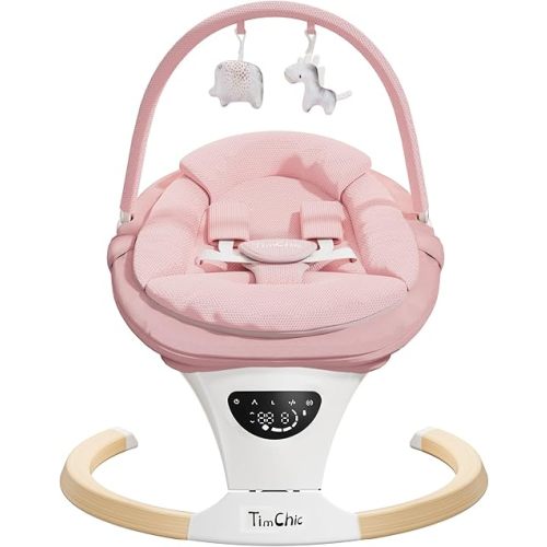 Baby Swings for Infants, Portable Infant Swing with 5-Speeds, 3-Adjustable Height, 3 Timer & 12 Lullabies, Mutil-Function Electric Swing for Baby, Indoor & Outdoor Use (Pink)