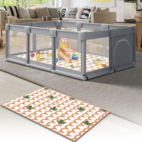 74" ×50" Large Baby Playpen, Baby Playard for Babies and Toddlers, Baby Fence Play Pens for Indoor & Outdoor, Sturdy Safety Play Yard with Soft Breathable Mesh, Anti-Fall, Grey (with Mat) - 74X50+Mat