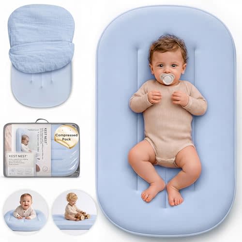 Baby Lounger - Soft Cotton Infant Support Cushion for Newborns, Breathable Portable Baby Nest Lounger & Tummy Time Mat for Home and Travel, GrayBlue (Cotton Cover Included), Compressed Pack