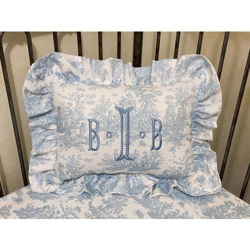 Blue Toile Crib Bedding, Toile and Pale Blue Baby Bedding, Scalloped C - Just Baby Designs