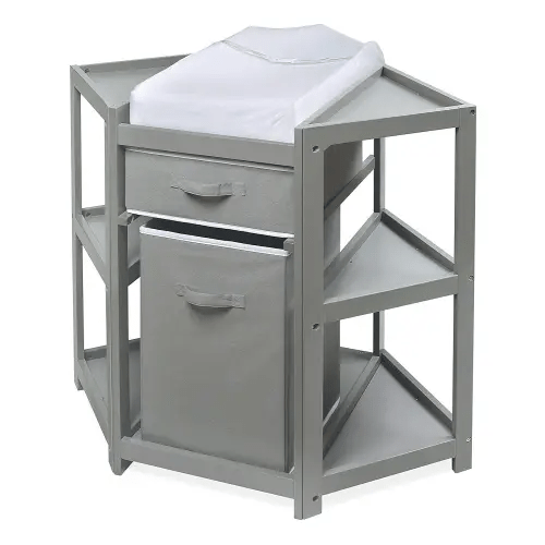 Badger Basket Corner Baby Changing Table - Space-Saving Diaper Changing Station for Nursery with Storage Bin, Changing Pad and Safety Belt - Organizer for Newborn and Infant Essentials - Gray