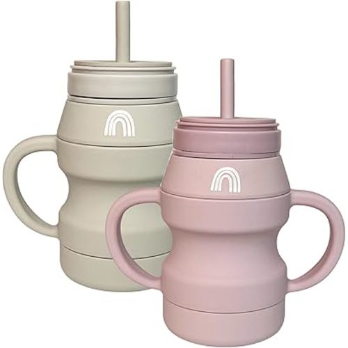Hippypotamus Silicone Transition Cups - Squeeze-Proof Toddler Cups With Straw & Lid - Removable Handles - Set of 2 (Blush/Nude)