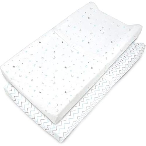 American Baby Company 2 Pack Printed 100% Cotton Knit Fitted Contoured Changing Table Pad Cover - Compatible with Mika Micky Bassinet, Blue Stars and Zigzag, for Boys and Girls