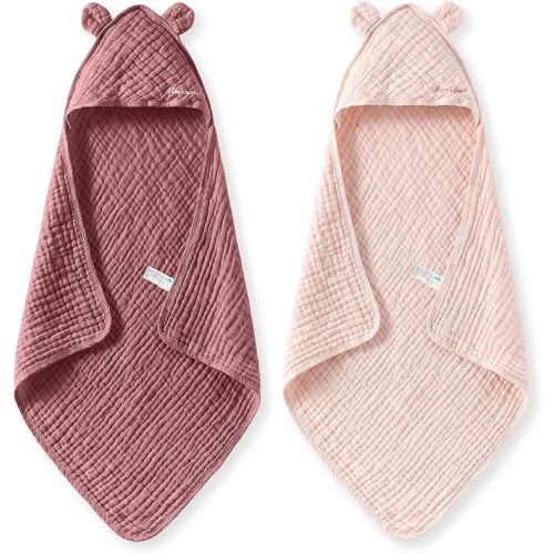 Momcozy Baby Towels, 6-Layer 100% Cotton Muslin Hooded Baby Towel Set for Newborn, Infant & Toddler, Soft Absorbent Baby Bath Essentials, Large 32 x 32 Inch