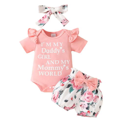 Sopiago Baby Girl Clothes Daddys Girl Short Sleeve Romper Floral Shorts Headband Summer Outfits Pink,3-6 Months