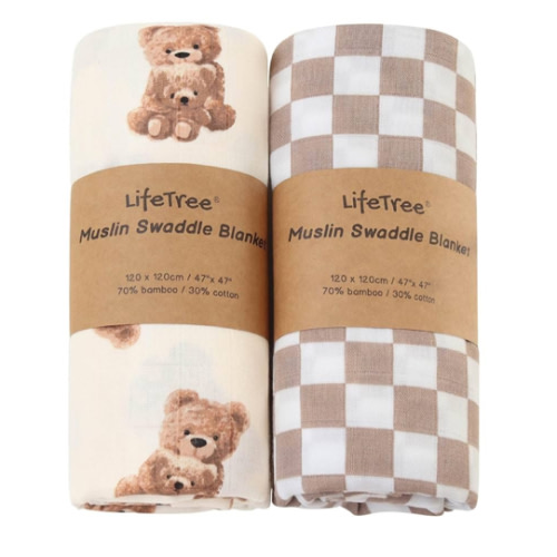 LifeTree Muslin Swaddle Blankets, Baby Swaddling Wrap Nursery Blanket Unisex, Soft 70% Viscose from Bamboo and 30% Cotton, Large 47 x 47 inches, Bear & Checkered Swaddle Blanket