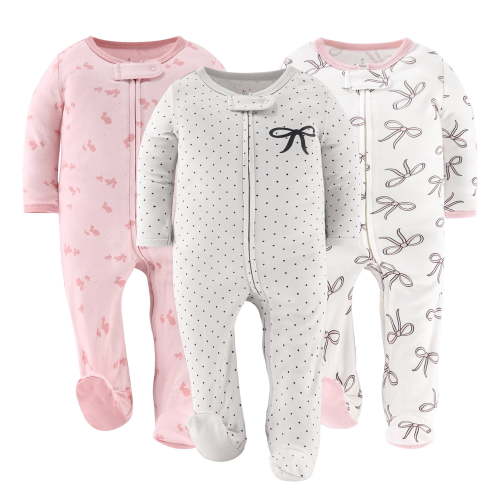 The Peanutshell Baby Sleep n Play Footed Pajamas for Baby Girls, Pink Balletcore, 3 Pack, 0-3 Months