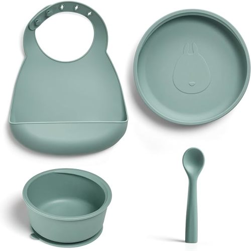 Silicone Baby Feeding Set, Toddler Plates and Bowls Set, Baby Feeding Set with Adjustable Bib Grey - Gray