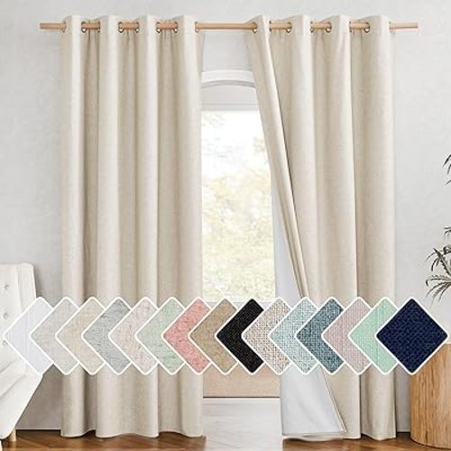 NICETOWN 100% Absolutely Blackout Linen Curtains with Thermal Insulated White Liner, 52" Wide, 2 Panels, 84 inches Long Drapes, Grommet Retro Beige Linen Curtains Vertical Drapes Privacy for Bedroom