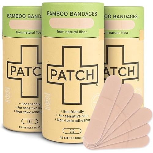 PATCH Natural Eco-Friendly Bamboo Adhesive Sensitive Skin Bandages, Hypoallergenic Bandages for Sensitive Skin, Compostable, Biodegradable, Latex Free and Plastic Free, 25 Count - 3pk