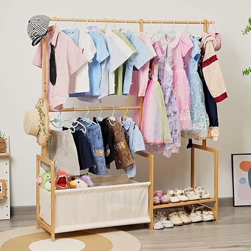 Kids Clothing Rack with Storage, Baby Clothes Rack Organizer Made of Natural Bamboo, Adjustable Hanging Rods for Dresses, Jackets, T-Shirts, Child Safe kids closet for Bedroom or Playroom