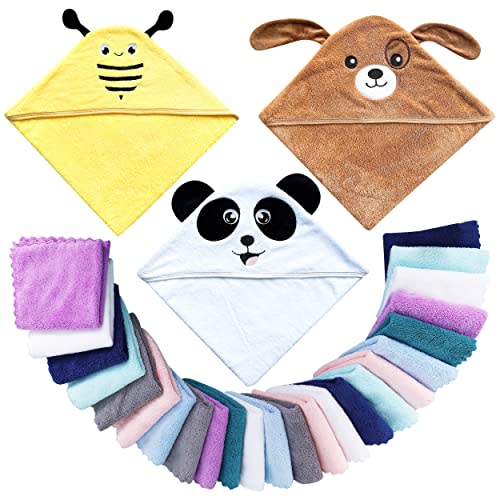 Lovely Care 3 Pack Baby Hooded Bath Towel with 24 Count Washcloth Sets for Newborns Infants & Toddlers, Boys & Girls - Baby Registry Search Essentials Item - Dog, Panda, Bee