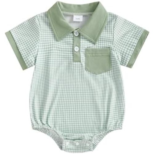 Newborn Baby Boy Summer Clothes Short Sleeve Lapel Button Romper Up Loose Fit Plaid Jumpsuit Infant Baby Boy Outfit