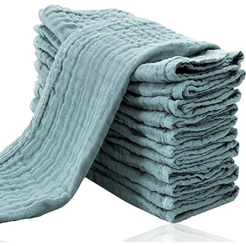 Cute Castle 12 Pack Muslin Burp Cloths for Baby - Ultra-Soft 100% Cotton Baby Washcloths - Large 20'' by 10'' Super Absorbent Milk Spit Up Rags - Burpy Cloths for Unisex, Boy, Girl - Dark Green
