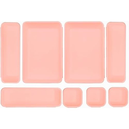8 Pcs Desk Drawer Organizers, 3 Size Plastic Vanity and Bathroom Drawer Organizer Trays, Storage Bins for Makeup, Utensils, Jewelries, Office and Kitchen (Pink)