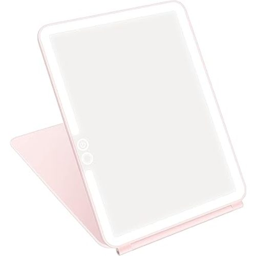 deweisn Folding Travel Mirror Lighted Makeup Mirror with 72 LEDs 3 Colors Light Modes, USB Rechargable, Portable, Ultra Thin, CompactVanity Mirror with Touch Screen Dimming for Cosmetic (Pink)