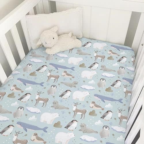 Cute Frosty Arctic Animals Baby Crib Sheets for Boy Girl Bear Penguins Deer Whale Snowflakes Soft Snug Fitted Crib Mattress Covers for 52x28 Standard Crib & Toddler Mattress Snowy Winter Baby Sheets