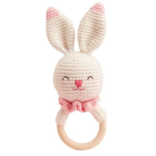 Chippi & Co Wooden Crochet Baby Rattle, Crochet Baby Toys Stuffed Animals Easter Gifts for Kids, Newborn Toys, Easter Basket Stuffers, Basket Filler, Cute Bunny Decor (Olive The Cheerful Bunny)