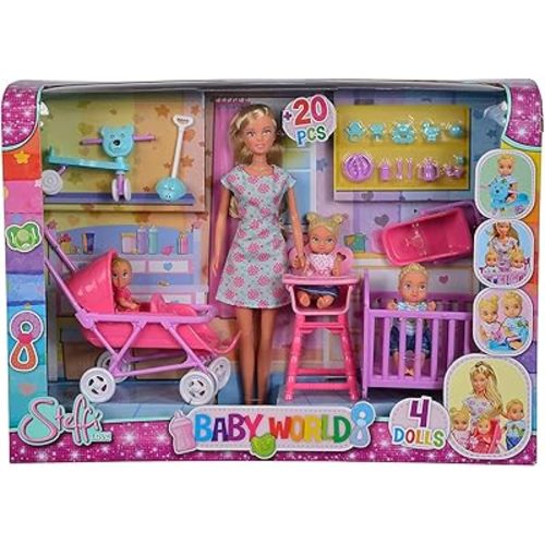 Simba Toys Steffi Love Baby World Set - Kindergarten Teacher Steffi Doll with Baby, Cot, Stroller, High Chair, and Bathtub, Ages 3+