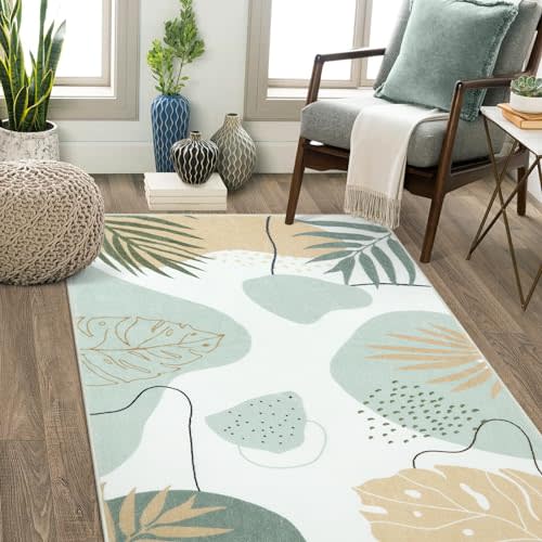 Seavish Boho Area Rugs for Bedroom Aesthetic 3x5 Green Abstract Rugs for Living Room Soft Botanical Print Kids Nursery Playroom Rug Mid Century Modern Leaf Rug for Entryway Office Classroom Dorm