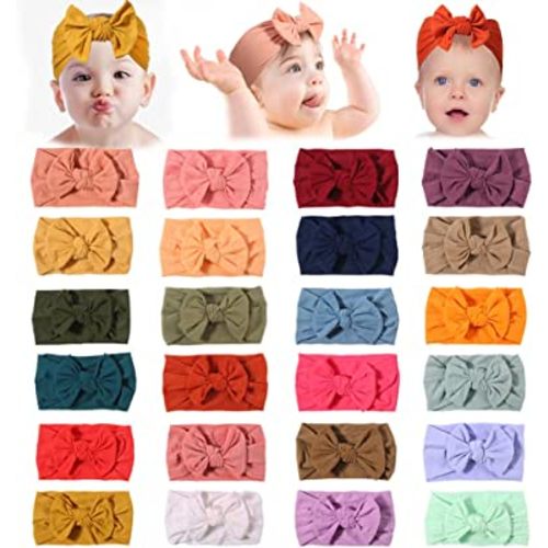 ZWSISU 24 Colors Nylon Baby Girl Bows and Headbands for Infant New Born Toddler Kids Big Headbands Headwrap Hair Accessories Hairbands for Newborn