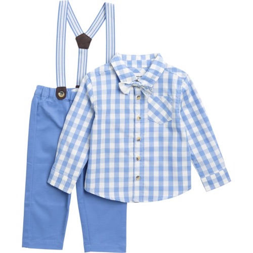 Baby Gingham Button-Up Shirt, Solid Suspender Pants & Bow Tie Set, 6-12M, Blue