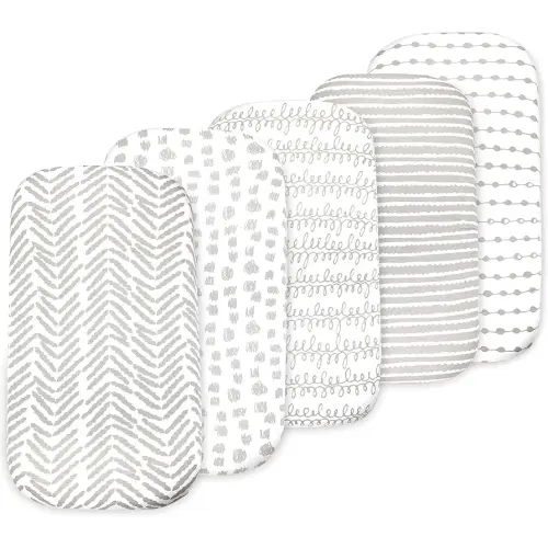 Baby Bassinet Sheet Set for Boy and Girl, 5 Pack Organic Cotton Universal Fitted Bedding Cover for Oval, Hourglass & Rectangle Bassinet Mattress, Fitted Sheets Size 32 x 16 x 4 Inches