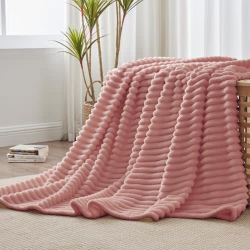 BEDELITE Twin Blanket for Couch & Bed, 300GSM Soft & Warm Fleece Blanket, Decorative and Giftable Striped Dusty Pink Blankets for Women, Men, 60"x80"