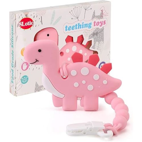 Baby Teething Toys for Babies 3-6 6-12 Months, Dinosaur Teether Pain Relief Toy with One Piece Design Pacifier Clip Holder Set, Freezer Safe Neutral Shower Gift for Boys and Girls (Pink)