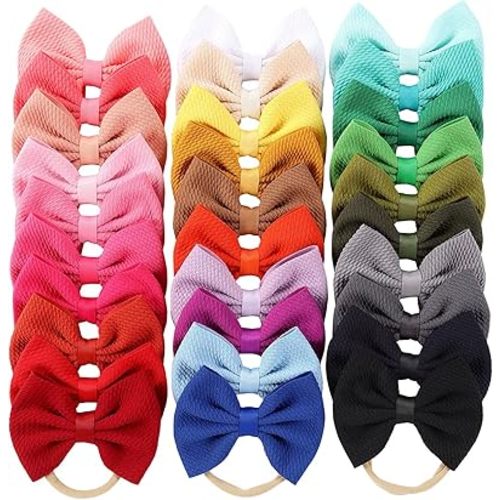 Cinaci 30 Pack Super Stretchy Nylon Hair Bands with Solid Bow Hair Bands Accessories for Baby Girls Infants Toddlers Kids Teens (30 as Shown)
