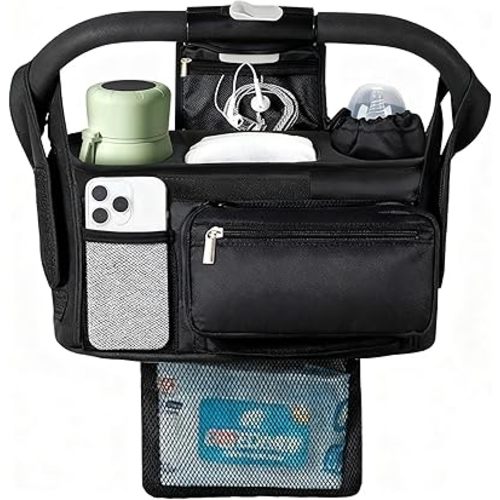 Universal Stroller Organizer with Insulated Cup Holder Detachable Phone Bag & Shoulder Strap, Bag Caddy Fits for Stroller like Uppababy, Baby Jogger, Britax, BOB, Umbrella & Pet Stroller