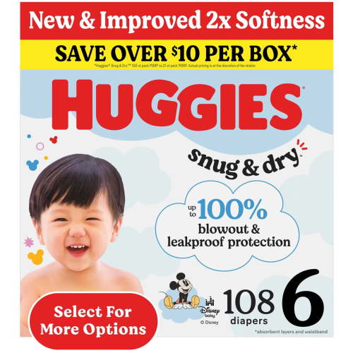 Huggies Snug & Dry Baby Diapers, Size 6 (35+ lbs), 108 Ct (Select for More)