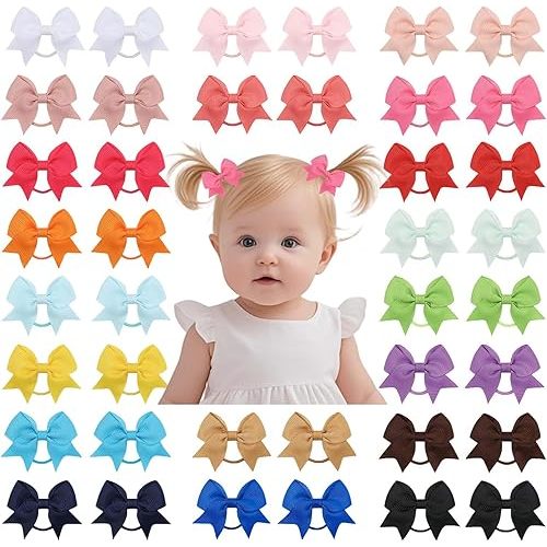 40pcs 2 inches Hair Ties With Bows Baby Bows Hair Ties Elastic Ponytail Holders Hair Accessories for Infants Toddlers Baby Girls