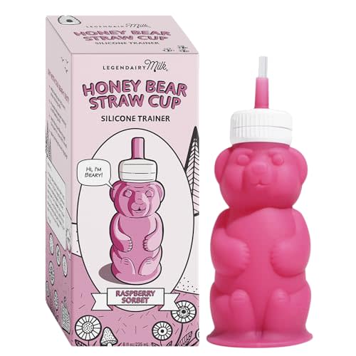 Legendairy Milk Honeybear Straw Cup Silicone for Babies (Pink), 8 oz. Dishwasher Safe Baby Trainer Cup, Food Grade Silicone, Ages 4+ Months