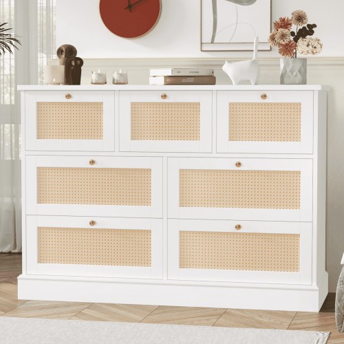 Homfa Rattan Dresser, White 7 Drawer Combo Double Dresser, Modern Wicker Chest for Bedroom