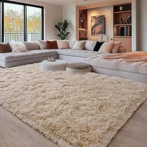 Beige Fluffy Rug for Bedroom 8x10 Feet Large - Ultra Soft & Anti-Skid Shaggy Area Rug, Comfy Durable Carpet for Living Room & Kids Dorm Nursery, Home Decor Aesthetic