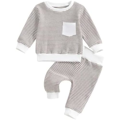 ZAXARRA Baby Boy Fall Clothes Long Sleeve Toddler Boy Waffle Sweatshirt Pullover Tops Pants Infant Fall Winter Outfits