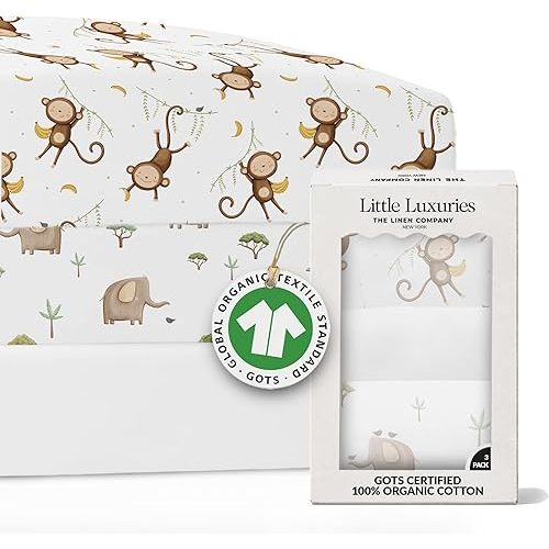 100% Organic Cotton Mini Crib Sheets (3-Pack) - GOTS Certified - Breathable Pack n Play Sheets Fitted - Double-Elastic for Secure Fit, Extra Protection for Your Baby - Gender-Neutral Prints (27"x39")