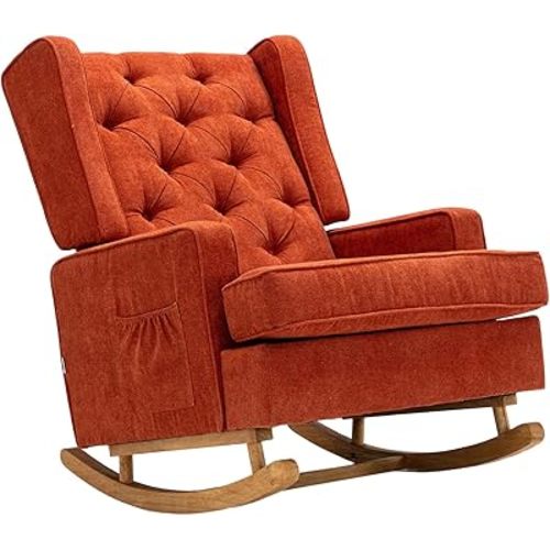 Dolonm Nursery Rocking Chair Upholstered Mid Century Modern Rocker Oversized Wingback Armchair for Living Room with Solid Wood Base (Orange)